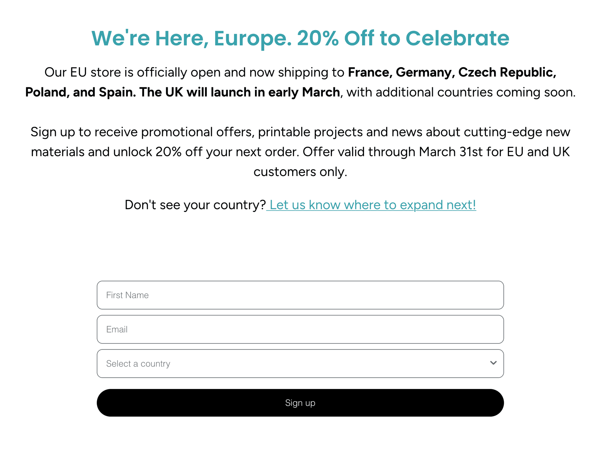 Formularz rejestracji Polymaker EU - 20% zniżki na otwarcie sklepu